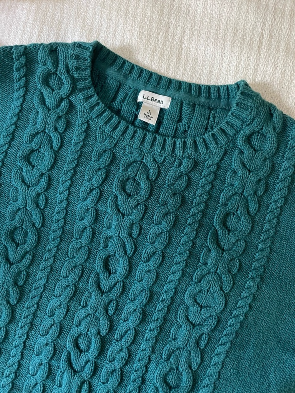 LL Bean cable knit cotton sweater crewneck pullover teal blue L granny grandpa